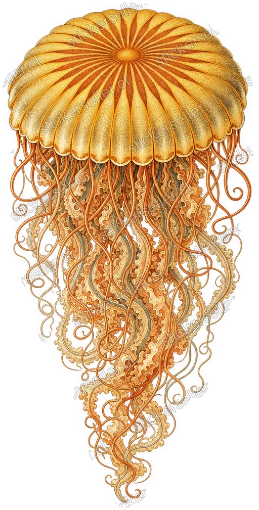 Sticker de una medusa estilo grabado antiguo con campana dorada de patrón radial y tentáculos enroscados naranja-tostado.