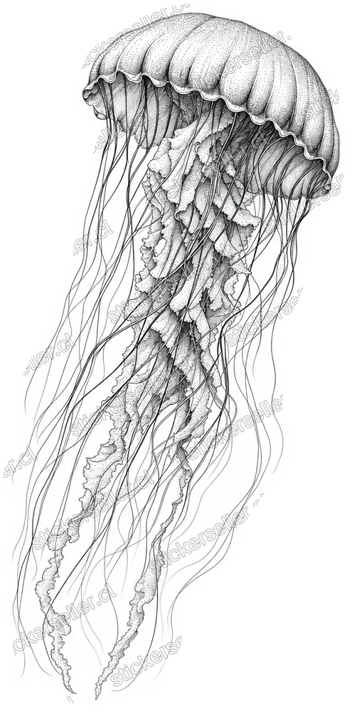 Sticker de una medusa en blanco y negro con campana festoneada y tentáculos largos y finos, en tinta con sombreado punteado.