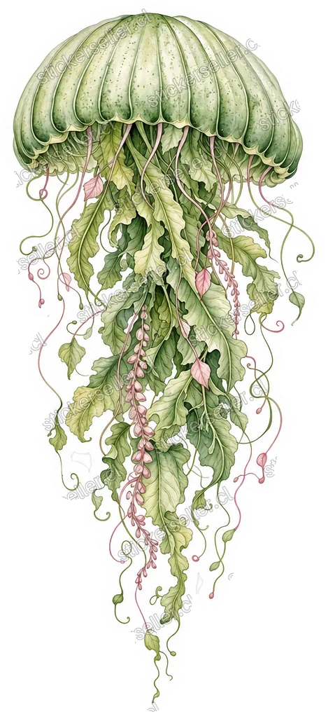 Sticker de una medusa con campana verde salvia y tentáculos con forma de hojas y vides, con acentos rosa suave.