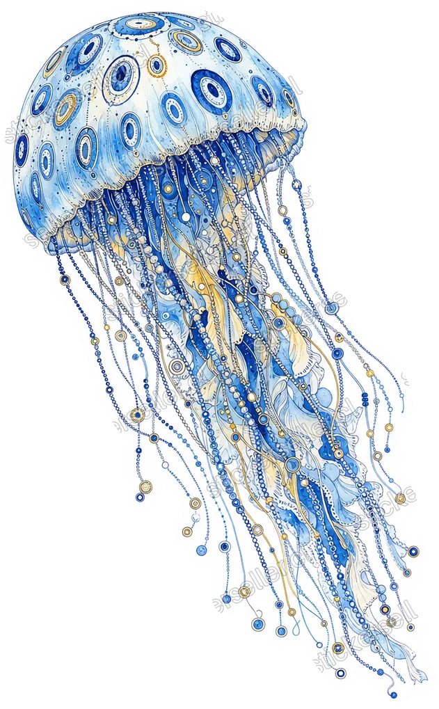 Sticker de una medusa con campana de anillos ovalados azules, acentos dorados y tentáculos con textura de cuentas.