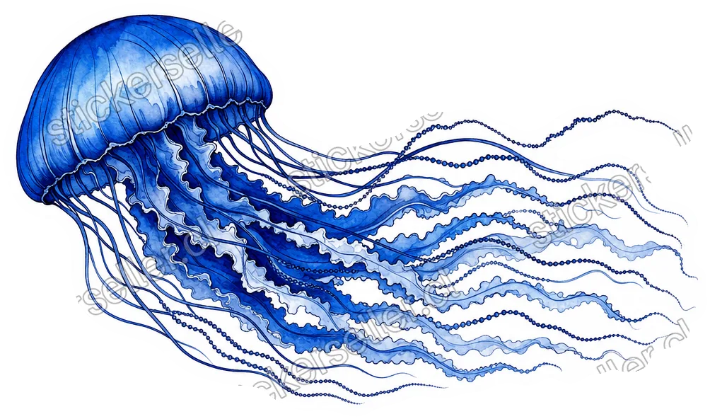 Sticker de una medusa azul marino vista de perfil, con campana a un lado y largos tentáculos ondulados fluyendo en horizontal.