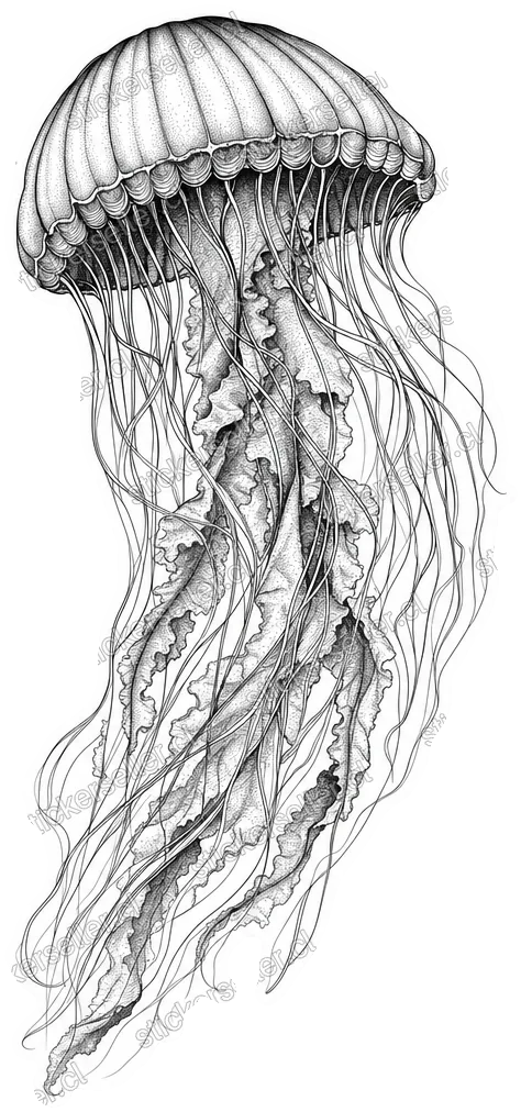 Sticker de una medusa en blanco y negro, con campana festoneada y largos tentáculos finos dibujados a tinta con sombreado punteado.