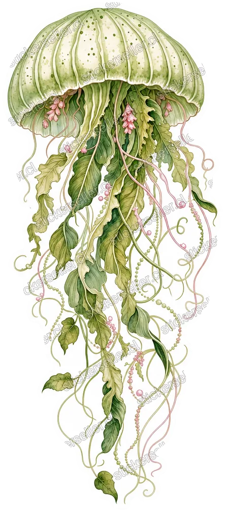 Sticker de una medusa con campana verde salvia estriada y tentáculos que parecen enredaderas y zarcillos, con acentos rosados.