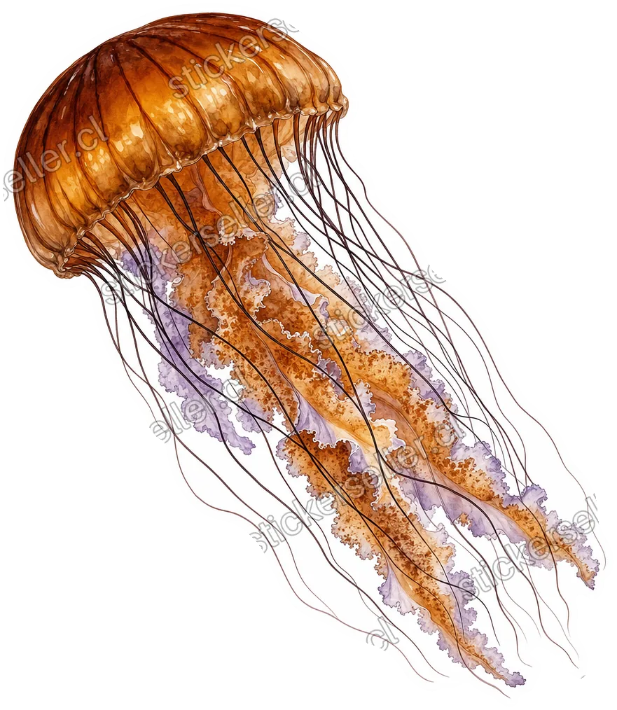Sticker de una medusa ortiga con campana ámbar-café brillante y largos tentáculos oscuros y finos barriendo hacia un lado.