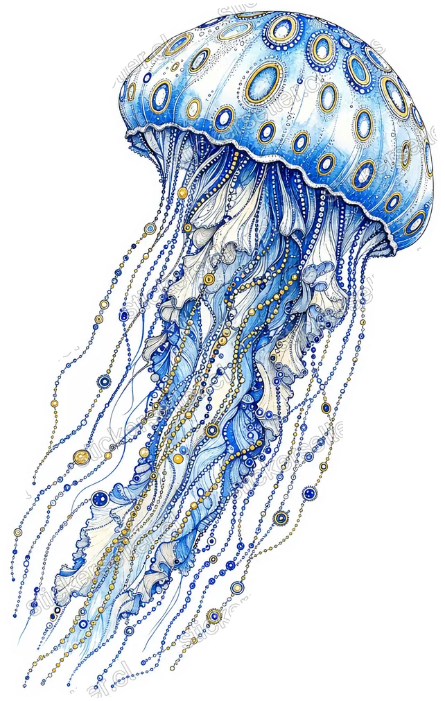 Sticker de una medusa con campana translúcida decorada en anillos ovalados azules y tentáculos con textura de cuentas.