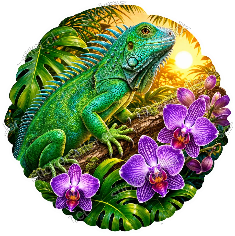 Sticker de una iguana verde esmeralda y turquesa en una rama entre orquídeas moradas y follaje, dentro de una viñeta circular.