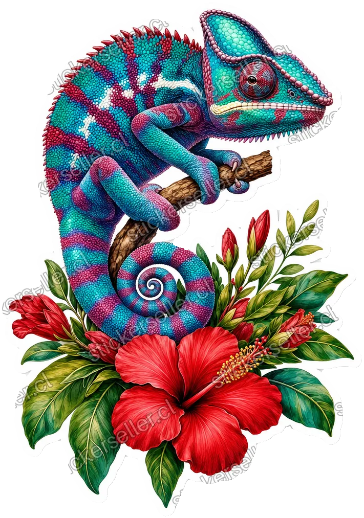 Sticker de un camaleón turquesa y magenta con cola en espiral sobre una rama, con flores rojas y hojas verdes debajo.