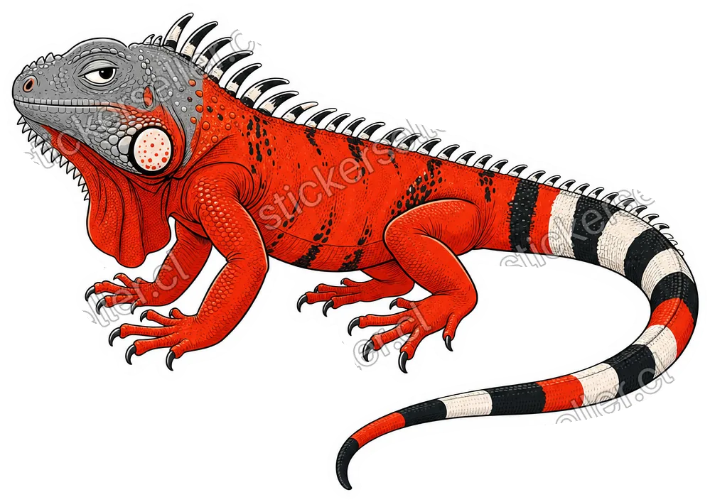 Sticker de una iguana cartoon rojo-anaranjada con cabeza gris y cola larga a rayas blanco y negro.