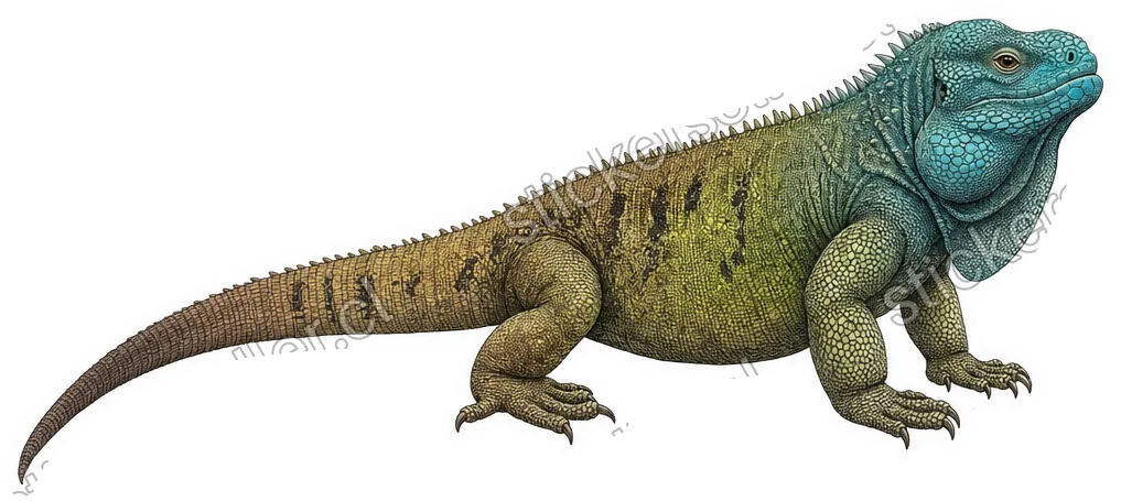 Sticker de una iguana robusta con cabeza teal degradada a oliva y café, cola larga, en ilustración a tinta.