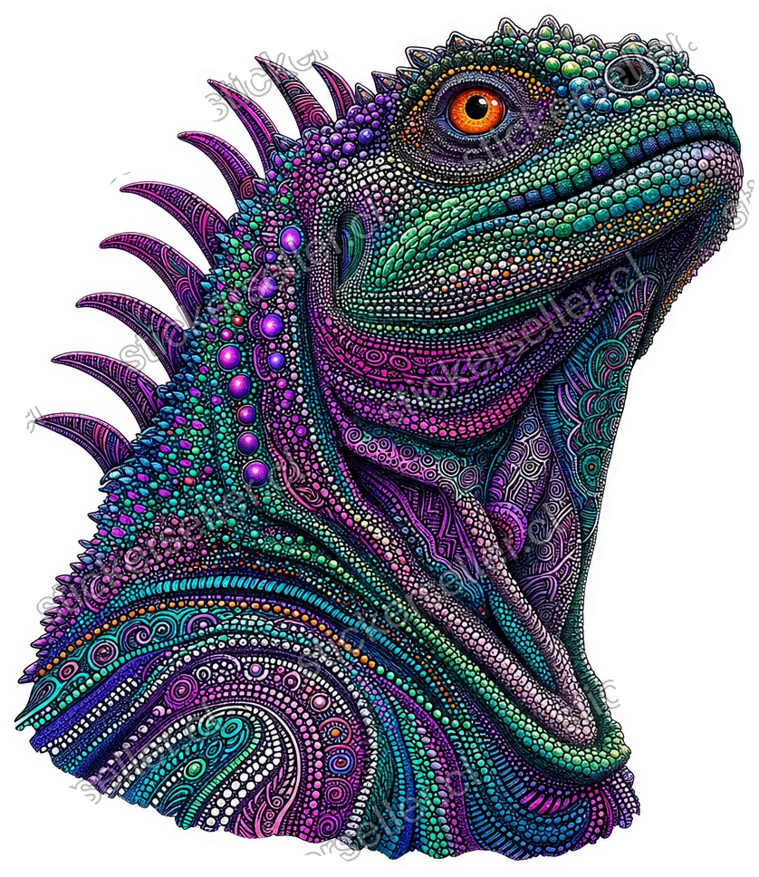 Sticker de una cabeza de iguana marina en tonos púrpura, magenta, teal y verde iridiscente, con patrón de puntos y ojo naranja.