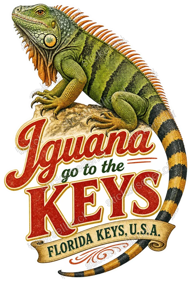 Sticker de una iguana vintage verde y naranja trepando, con el texto «Iguana go to the Keys / Florida Keys, U.S.A.» debajo.