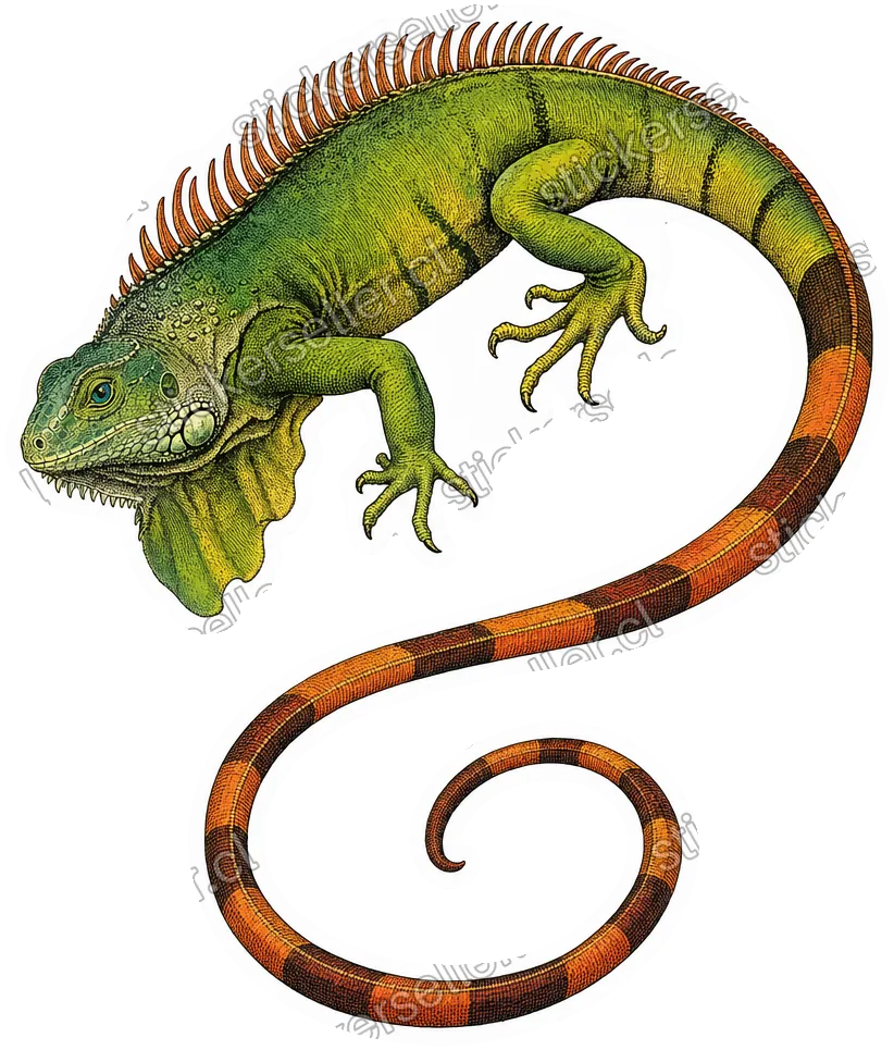 Sticker de una iguana estilo grabado en degradado verde-amarillo, con una larga cola bandeada en forma de S.