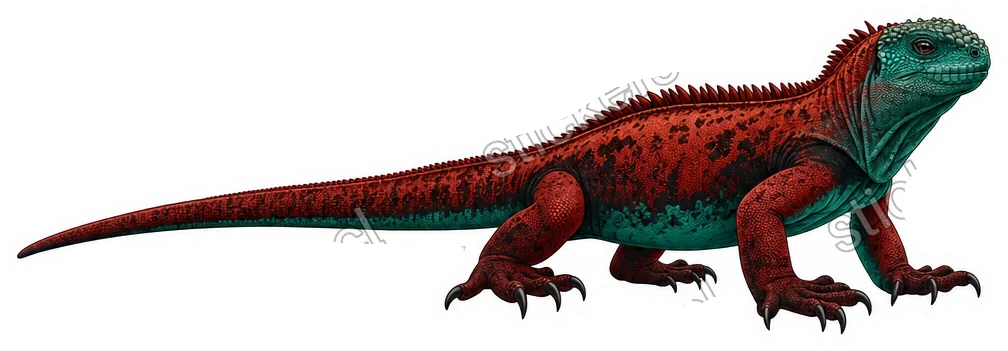 Sticker de una iguana marina de cuerpo rojo-café con acentos teal-verde, de silueta baja y alargada.