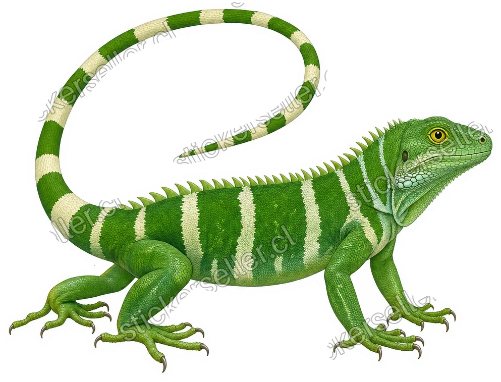 Sticker de una iguana verde con bandas blanco-crema verticales y cola larga en bucle, de perfil.