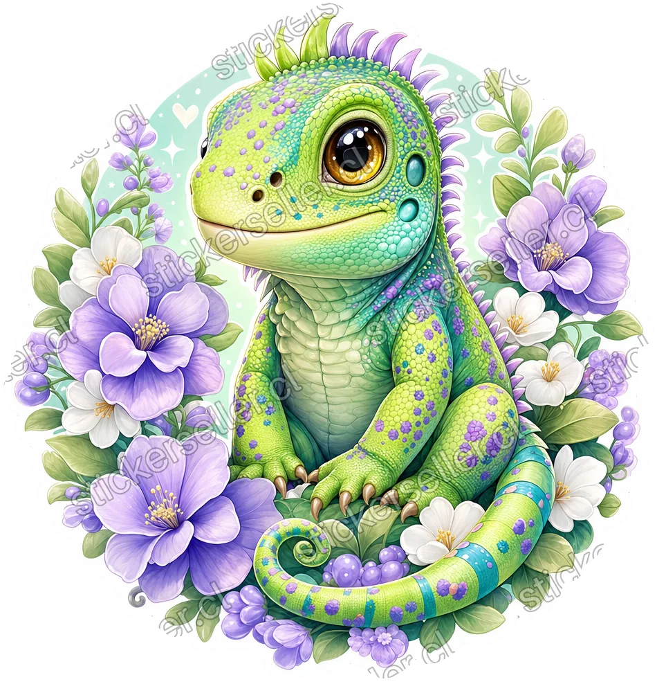Sticker de una cría de iguana verde lima y turquesa con motas violetas, sentada entre flores lila y blancas sobre fondo menta.
