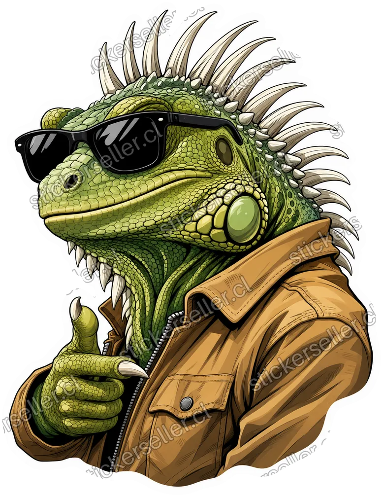 Sticker de una iguana cartoon con lentes oscuros y chaqueta café, apuntando hacia adelante con una garra.
