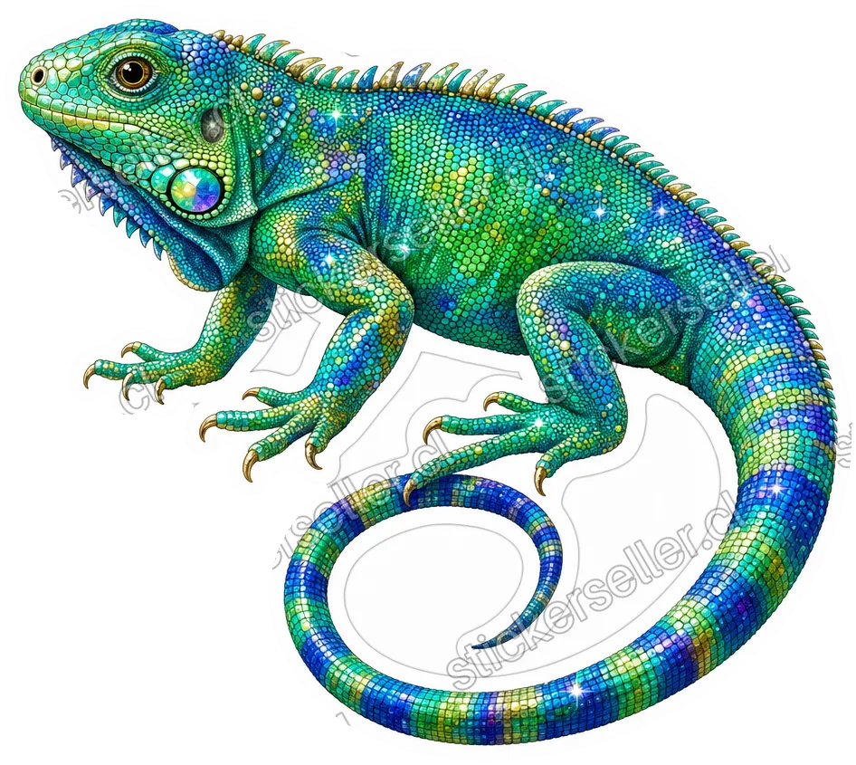 Sticker de una iguana pequeña en tonos teal, verde y azul iridiscente, con textura de mosaico y cola enroscada.
