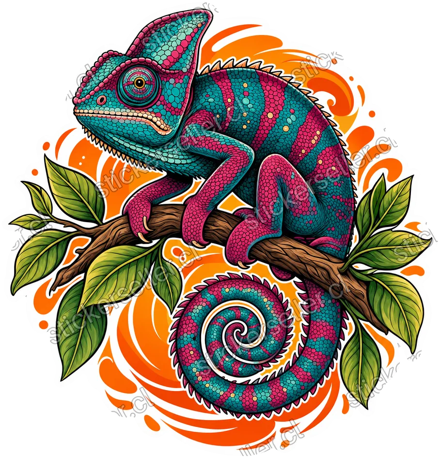Sticker de un camaleón teal y magenta de estilo tatuaje, con cola en espiral, sobre una rama y fondo de remolino naranja.