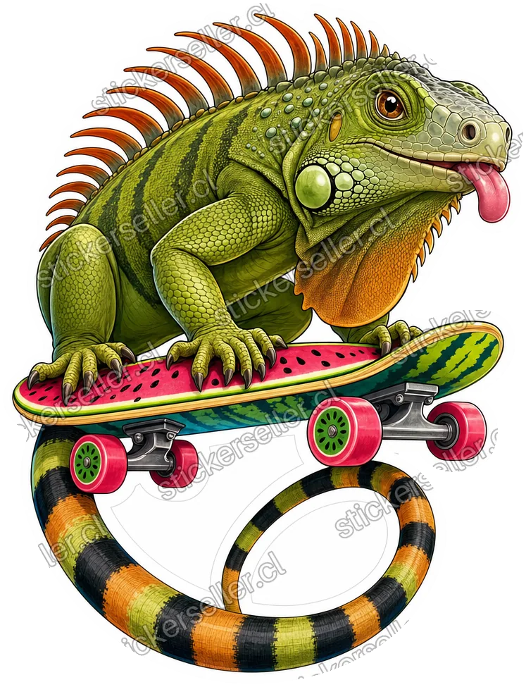 Sticker de una iguana verde oliva andando en skate sobre una tabla con estampado de sandía, lengua afuera.