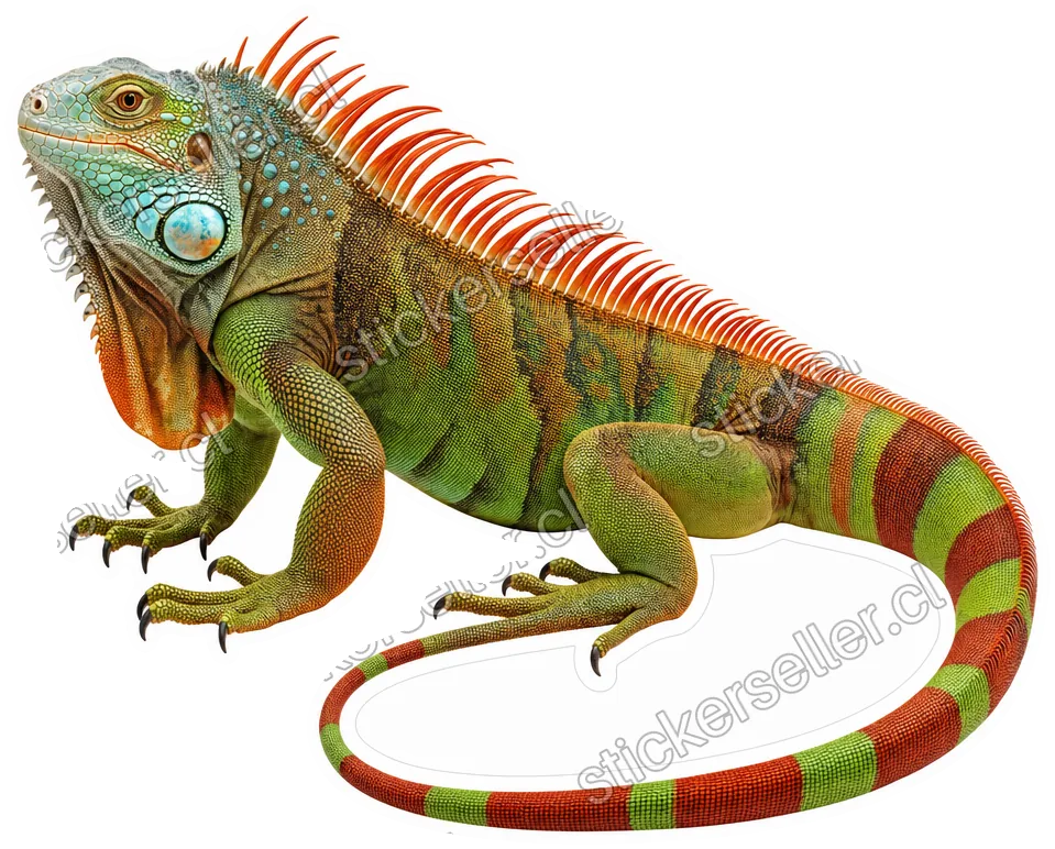 Sticker de una iguana con cola bandeada roja y verde, cresta alta naranja-rojiza y escamas azules en la mejilla.