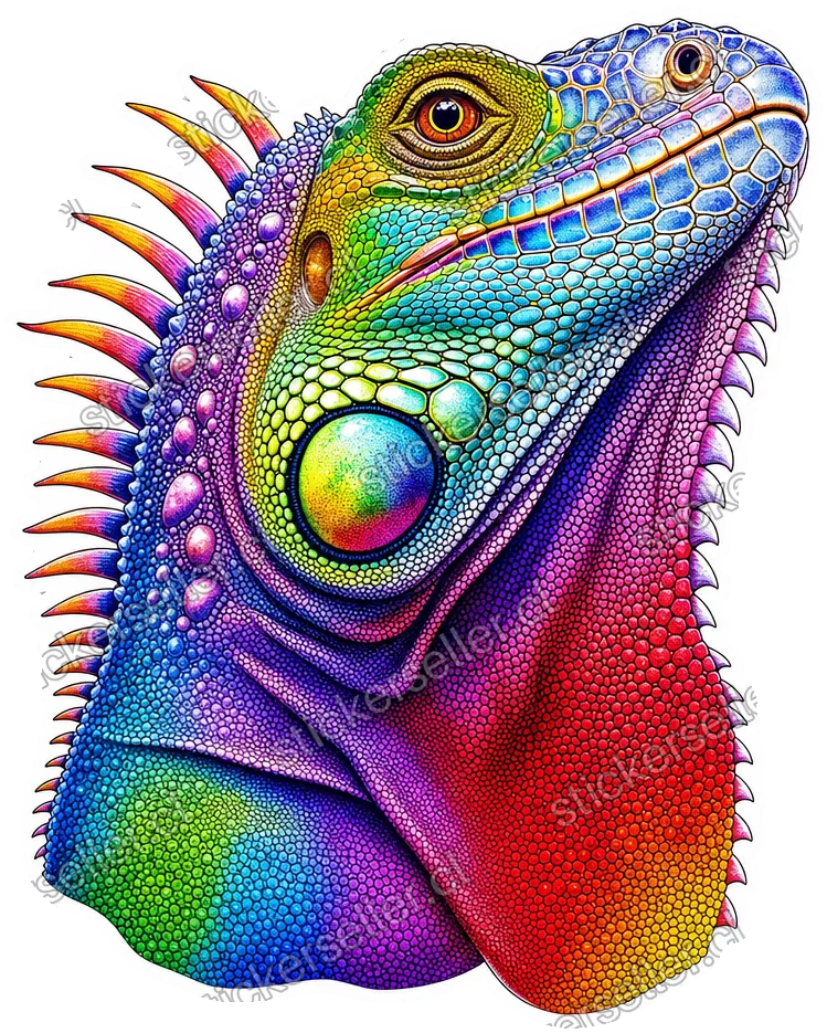 Sticker de una cabeza de iguana con escamas en verde, amarillo, magenta, morado y azul, y dewlap rojo.