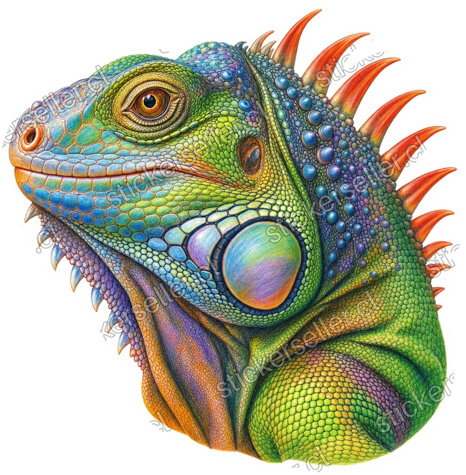 Sticker de una cabeza de iguana con escamas iridiscentes verde, naranja, azul y morado, en estilo lápiz de color.