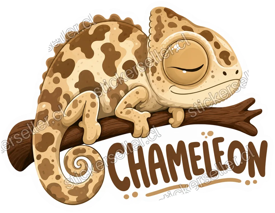 Sticker de un camaleón tostado y crema con manchas café, sobre una rama, con la palabra «CHAMELEON» abajo.