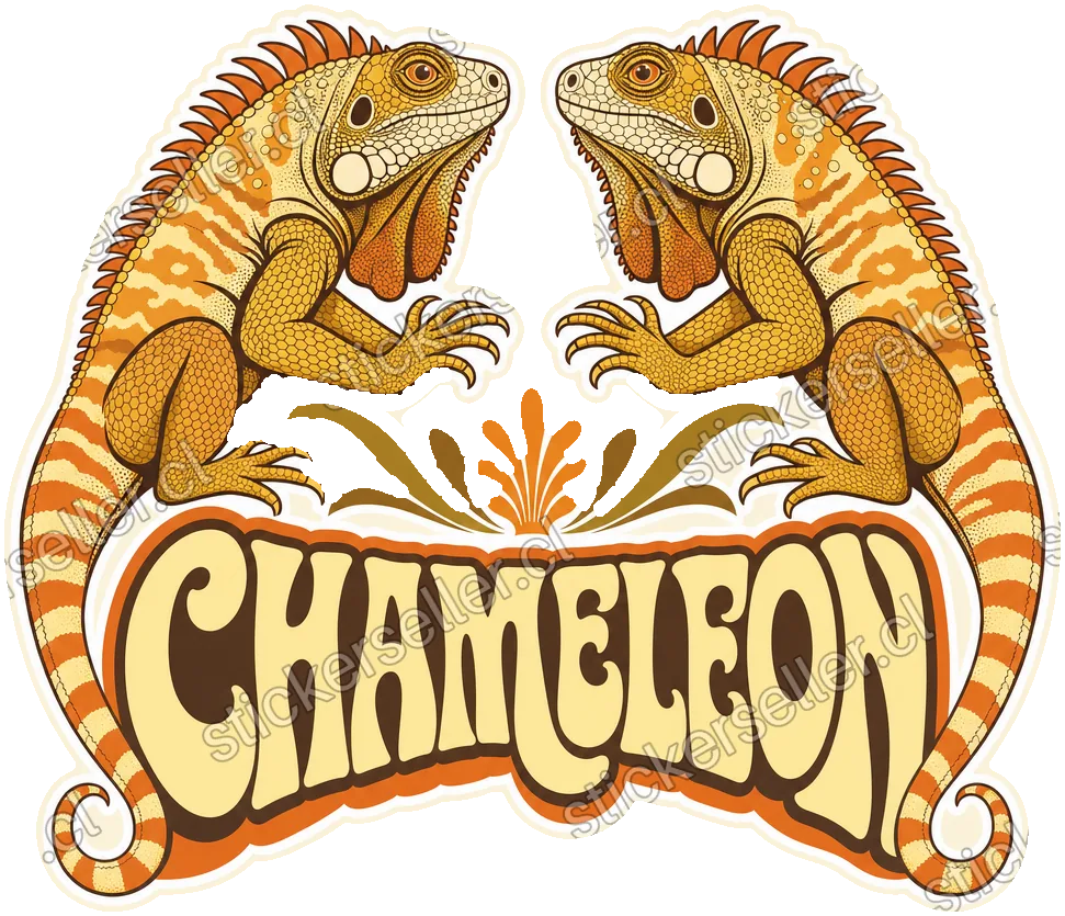Sticker de dos lagartos espejados en naranjo, mostaza y crema, sobre el rótulo retro «CHAMELEON».