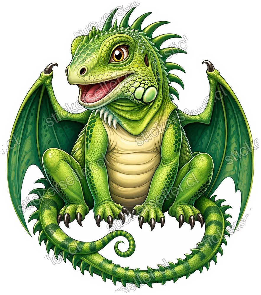 Sticker de una iguana-dragón verde con alas de murciélago plegadas, sentada, con cola enroscada y vientre crema.