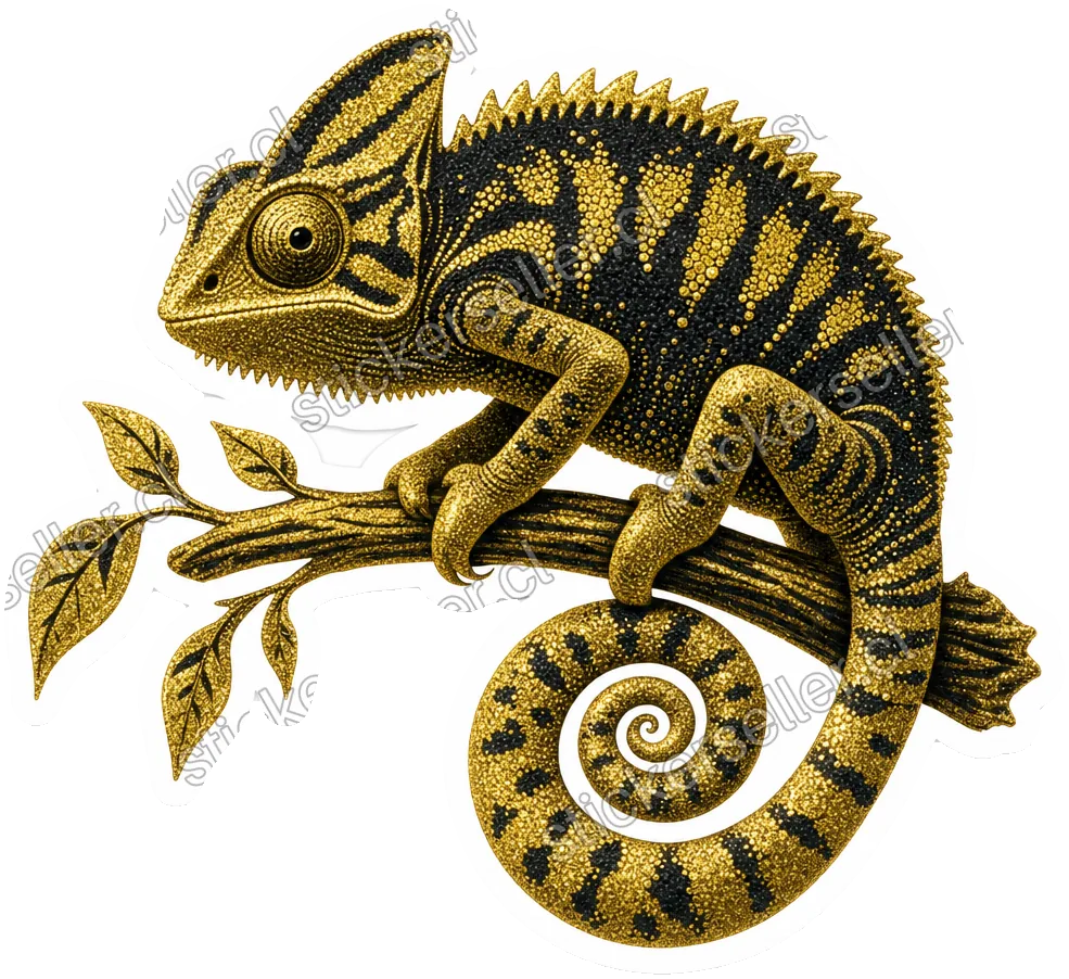 Sticker de la silueta de un camaleón dorado y negro con acabado metálico brillante, posado en una rama.