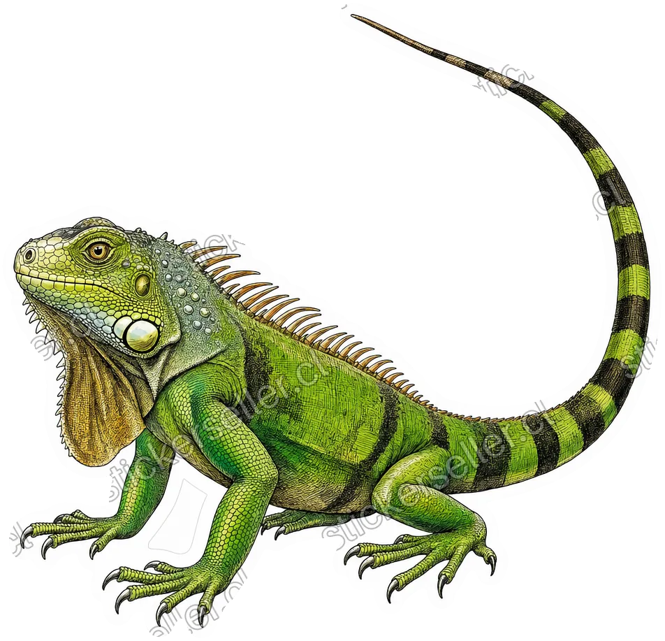 Sticker de una iguana verde dibujada a tinta, con dewlap, cresta y una larga cola bandeada disparándose hacia arriba.