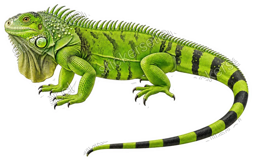 Sticker de una iguana verde lima de perfil, con cresta espinosa, dewlap y una larga cola bandeada en negro y verde.
