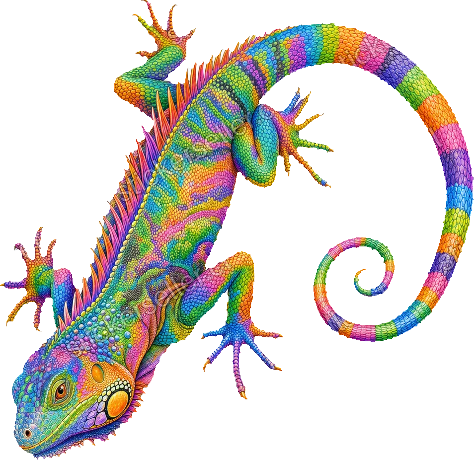 Sticker de una iguana trepando con escamas arcoíris en verde, naranja, rosado, morado, azul y amarillo, y disco naranja en la mejilla.