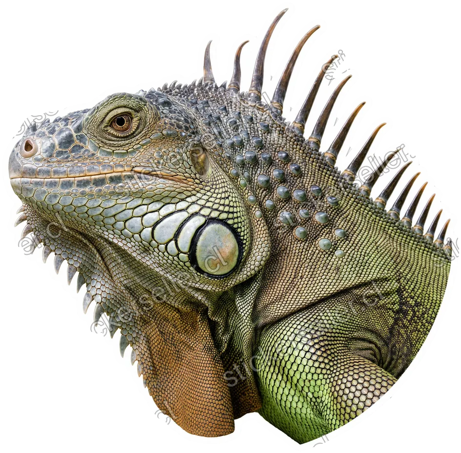 Sticker de un retrato fotográfico de cabeza y hombros de una iguana verde-grisácea con espinas oscuras en el lomo.