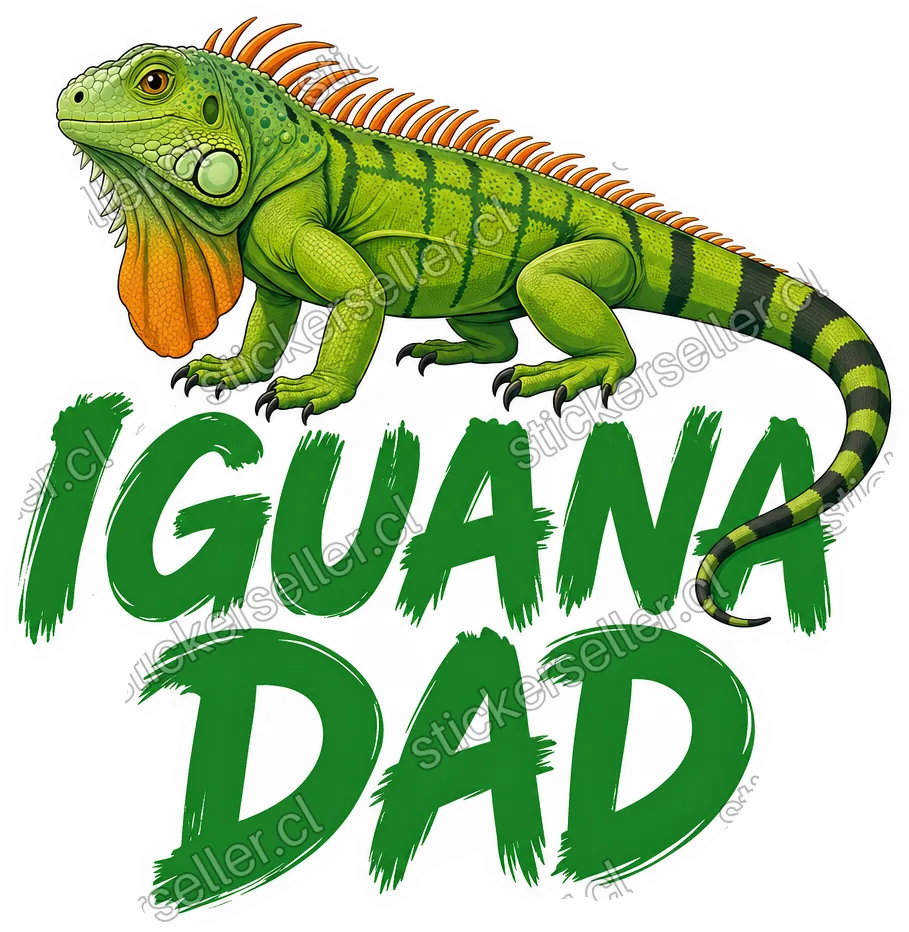 Sticker de una iguana verde con cresta naranja sobre el texto «IGUANA DAD» en letras verdes.
