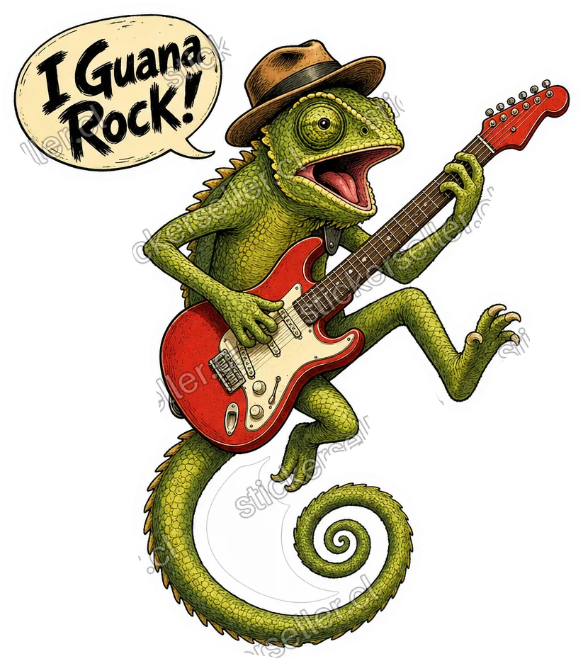 Sticker de un camaleón con sombrero tocando guitarra eléctrica roja, con el globo de texto «I Guana Rock!».