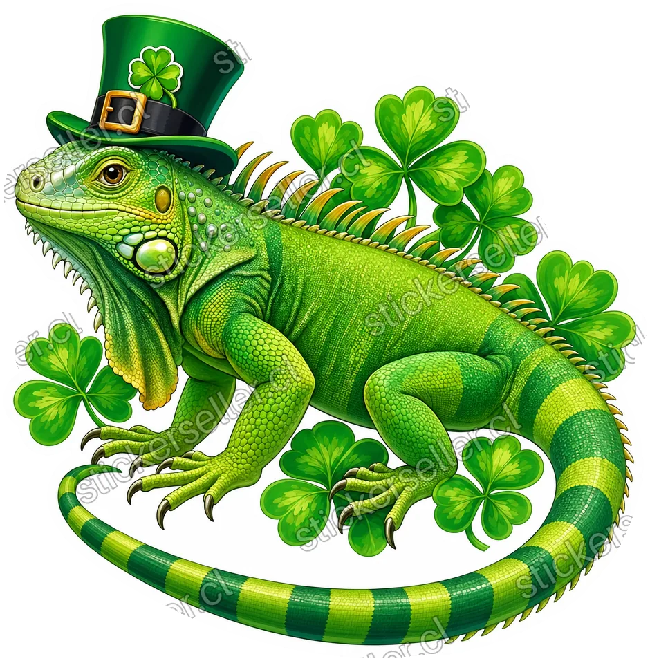 Sticker de una iguana verde con sombrero de duende y tréboles de cuatro hojas alrededor.