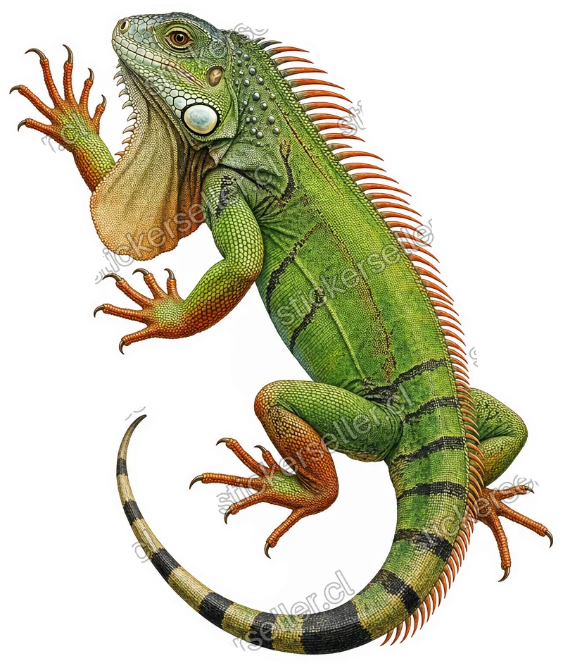 Sticker de una iguana verde realista trepando, con patas delanteras en alto, garras largas y dewlap extendido en naranja-rojizo.
