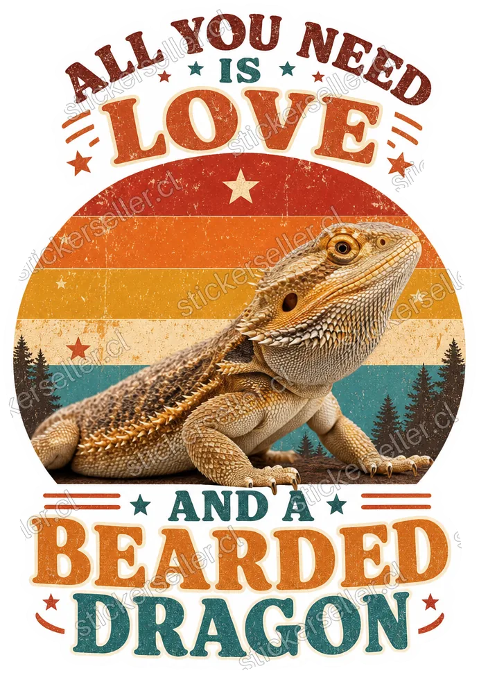 Sticker de un dragón barbudo en un círculo de atardecer retro, con la frase «ALL YOU NEED IS LOVE AND A BEARDED DRAGON».