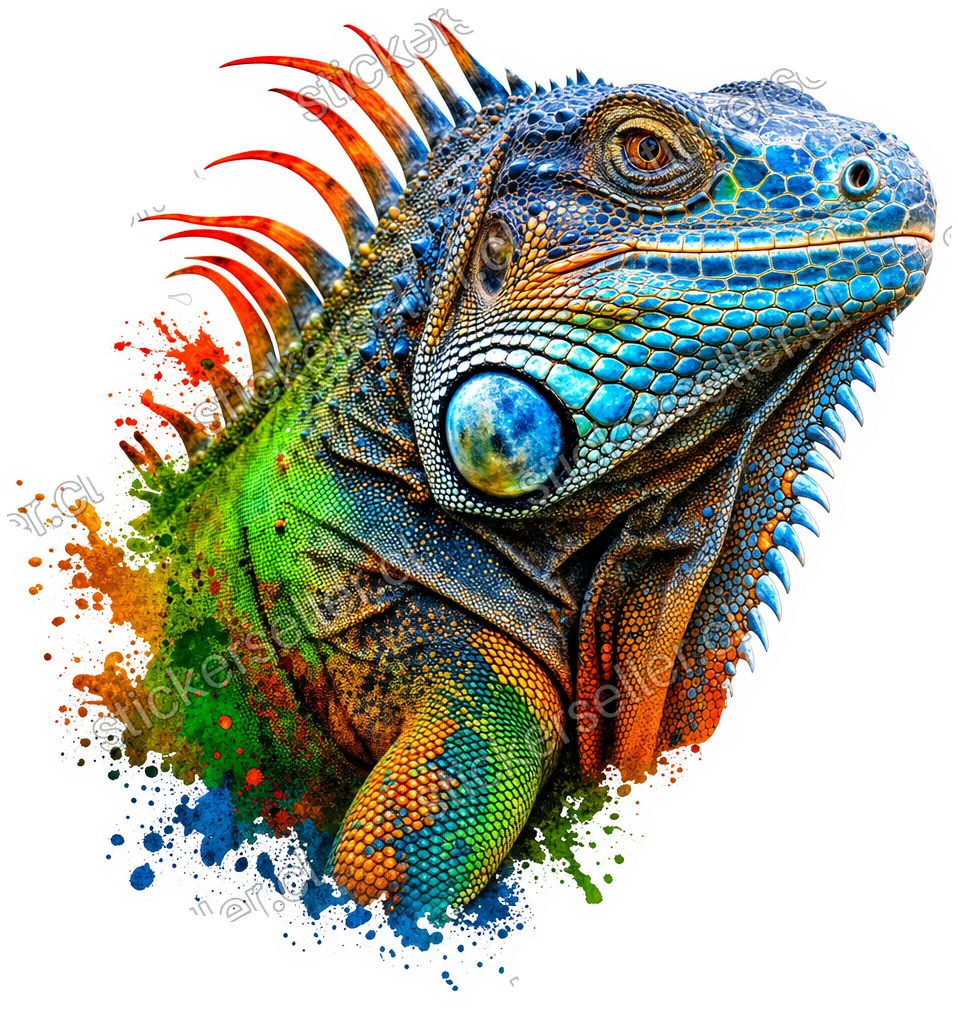 Sticker de un retrato de iguana en colores iridiscentes azul, verde, naranja y rojo, con bordes disolviéndose en salpicaduras de pintura.