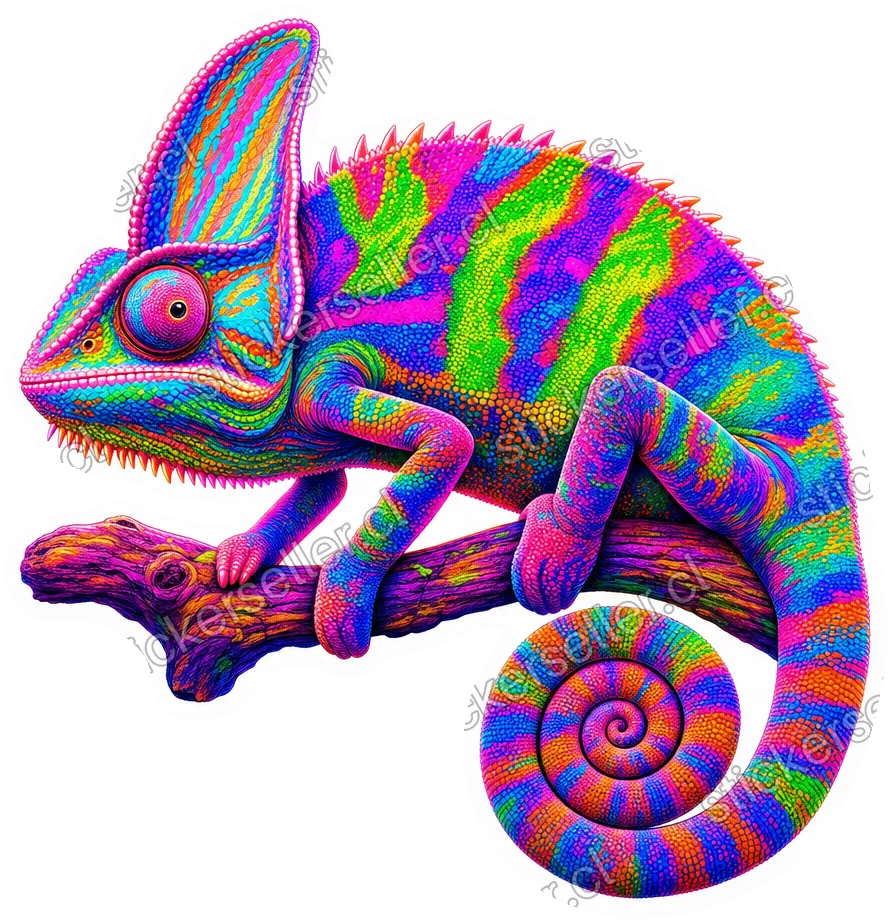 Sticker de un camaleón con rayas neón rosado, azul, verde, naranjo y morado, sobre una rama con la cola en espiral.