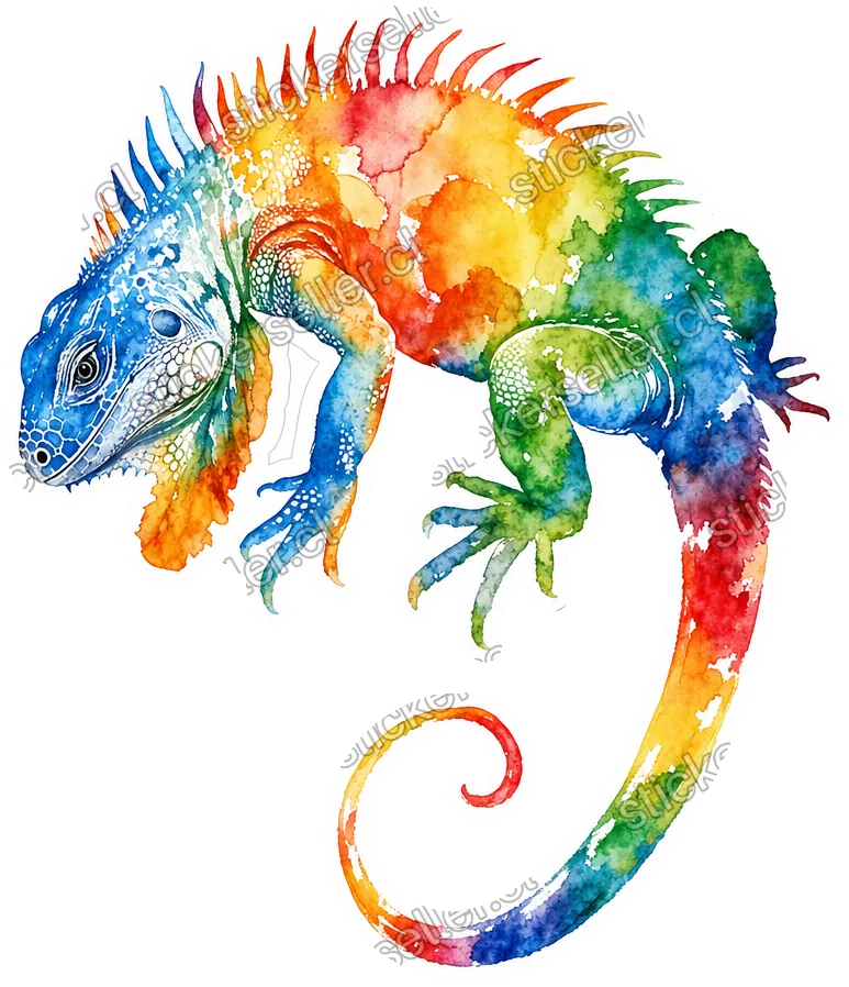 Sticker de una silueta de iguana trepando en manchas de acuarela arcoíris azul, naranjo, rojo, verde y amarillo.