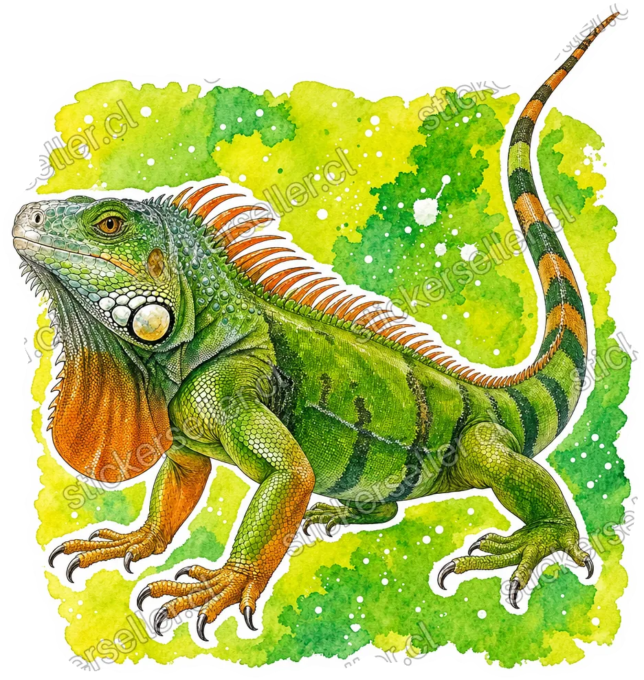 Sticker de una iguana verde y naranja sobre un fondo cuadrado de acuarela verde lima y amarillo con motas blancas.