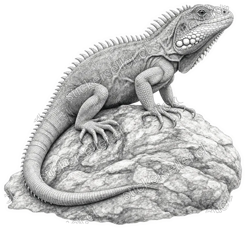 Sticker de un lagarto en blanco y negro dibujado a lápiz grafito, agazapado sobre una roca.