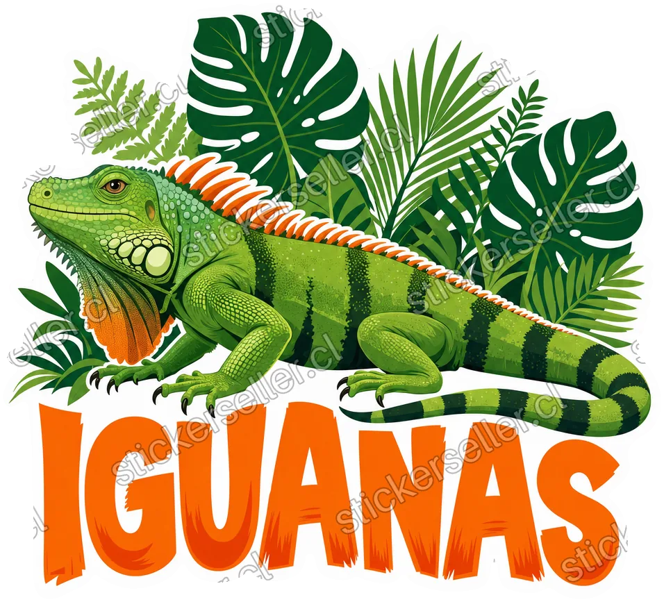 Sticker de una iguana entre follaje tropical con cresta naranja, sobre el texto «IGUANAS» en letras naranjas.