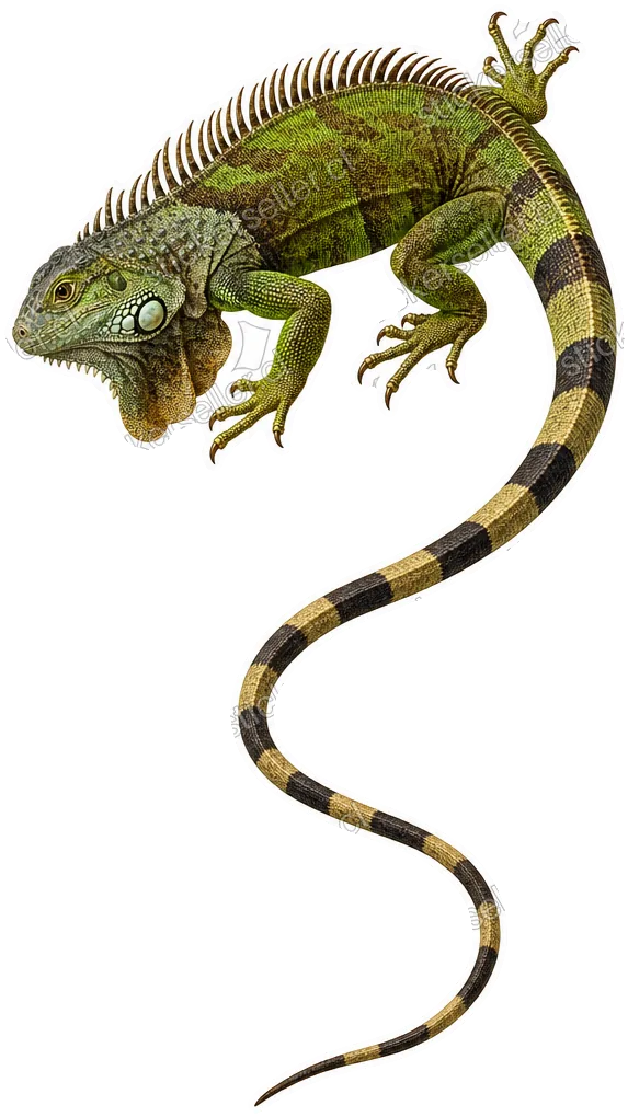 Sticker de una iguana moteada verde, oliva y café trepando, con una larga cola bandeada curvándose en forma de S.