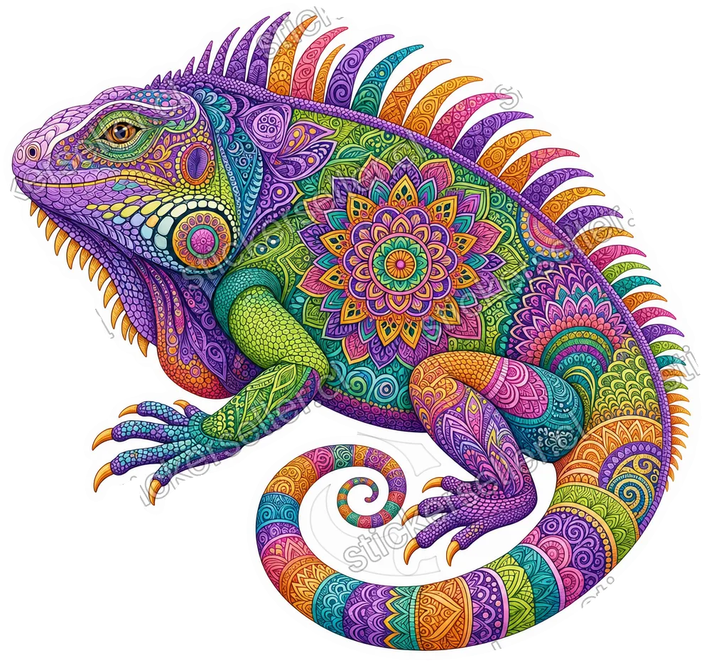 Sticker de una iguana agazapada cubierta de patrones tipo mandala en morado, verde, amarillo, naranjo, teal y rosado.
