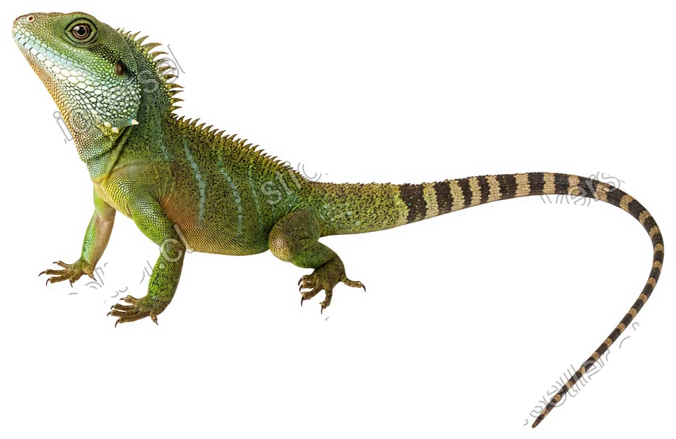 Sticker de un lagarto tipo dragón de agua verde y oliva, con garganta crema y una cola bandeada muy larga.