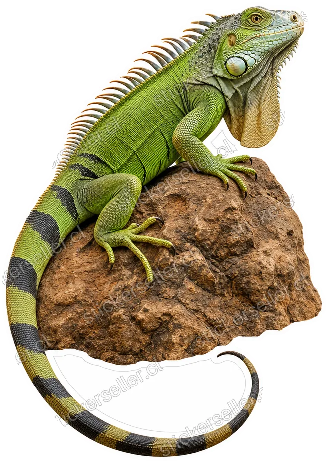 Sticker de una iguana verde y oliva sobre una roca café, con dewlap crema y cola larga curvándose hacia abajo.