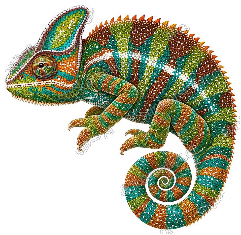 Sticker de un camaleón pantera moteado en verde, azul, café y naranjo, con bandas teal y cola enroscada.